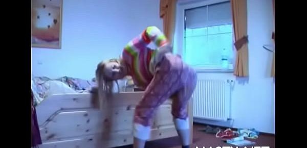  Young blonde maid Jessika is rubbing her perfectly waxed nana